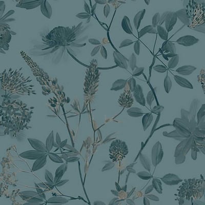Papier peint floral botanique fond bleu canard HEXOA
