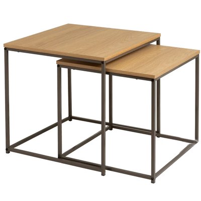 Set de 2 tables basses gigognes couleur bois naturel et métal gris 50x50x50cm WADIGA