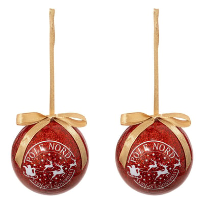 Lot de 2 boules de Noël papier imprimé "Timbre" rouge 60mm ATMOSPHERA