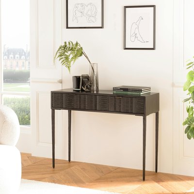 Console 2 tiroirs façades sculptées bois noir SURATE PIER IMPORT