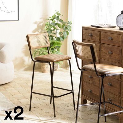 Chaise de bar cuir havane et cannage (lot de 2) TIM PIER IMPORT