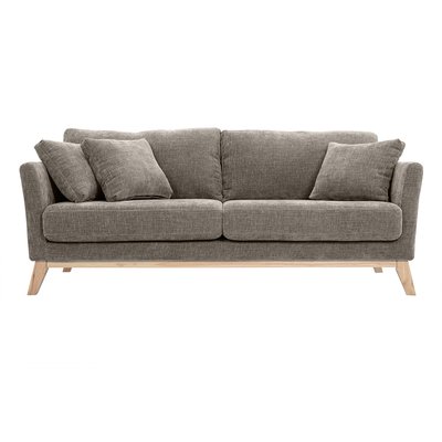 Canapé scandinave déhoussable 3 places en tissu effet velours texturé taupe et bois clair OSLO MILIBOO