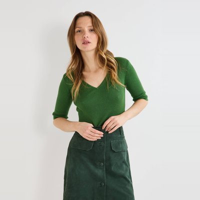 Pull manches coude à côtes en coton et cachemire MONOPRIX