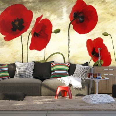 Papier peint intissé panoramique Fleurs Coquelicots peints à l'acrylique EDEN
