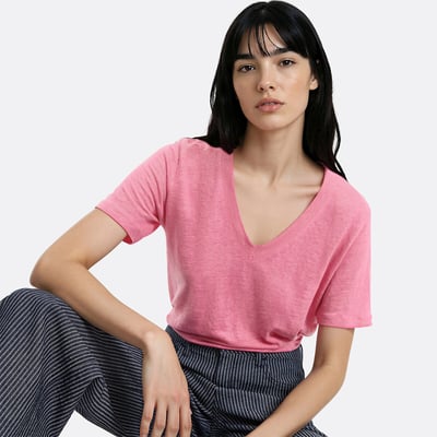 V-Neck Linen T-Shirt with Short Sleeves LA REDOUTE COLLECTIONS