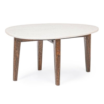 Table basse ovale vintage en manguier et marbre blanc L70 - BLANY HELLIN, DEPUIS 1862