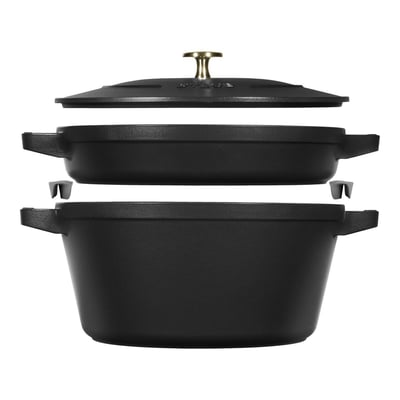 Set empilable polyvalent en Fonte, 3 pièces, Rond, Ø 24 cm, Noir (Cocotte / poêle / couvercle) STAUB