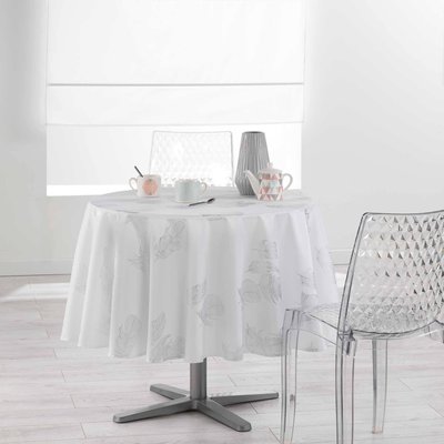 Nappe ronde polyester imprime Argent Plumia Blanc 180 cm DOUCEUR D'INTÉRIEUR