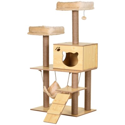 Arbre à chats design contemporain griffoirs grattoirs sisal naturel niche plate-formes hamac boule panneaux particules beige PAWHUT