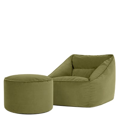Pouf fauteuil salon et son repose-pied rond en velours mat Oeko-Tex® - NATALIA ICON