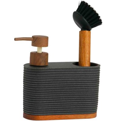 Distributeur liquide vaisselle + brosse polypropylène gris et acacia WADIGA