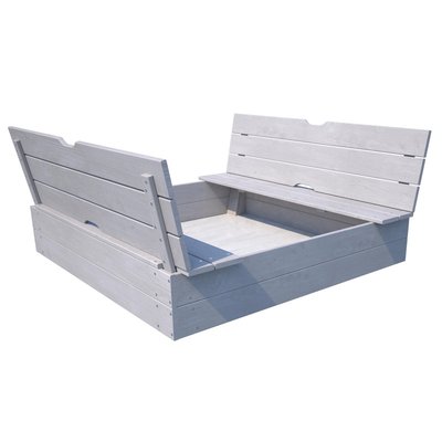Bac à sable en bois enfant gris avec couvercle et bancs pliables SOULET