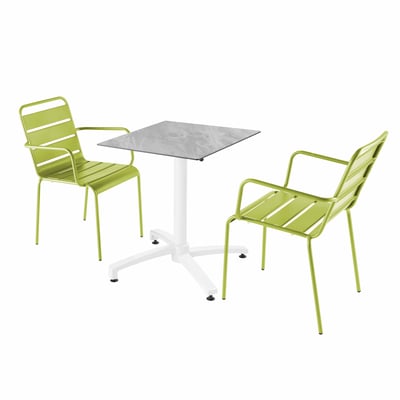 Table en HPL inclinable pied blanc et 2 chaises avec accoudoirs en métal OVIALA