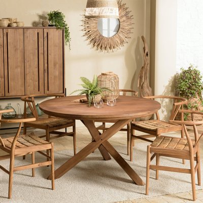 Table ronde en teck massif recyclé 130 cm pied croisé bois SWING PIER IMPORT