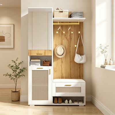 Vestiaire d'entrée avec miroir banc et rangement, PORTER-K MEUBLES COSY