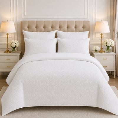 Parure de lit microfibre jacquard effet éventails blanc, TILA C DESIGN HOME TEXTILE