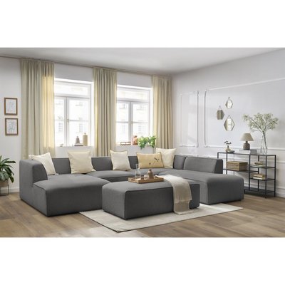 Canapé panoramique fixe 6 places en tissu chiné avec pouf, MEGEVE BOBOCHIC