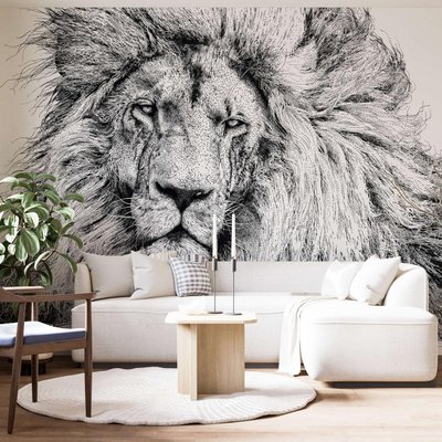 Papier peint panoramique avec visage de lion noir et blanc - 425x260 cm (l x h) LA TOUCHE ORIGINALE
