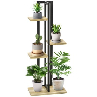 Support à fleurs style industriel 4 niveaux métal noir bois sapin OUTSUNNY