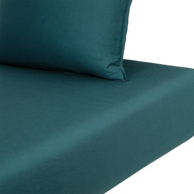 Drap housse en satin de coton lavé bleu, PALERME OLIVIER DESFORGES