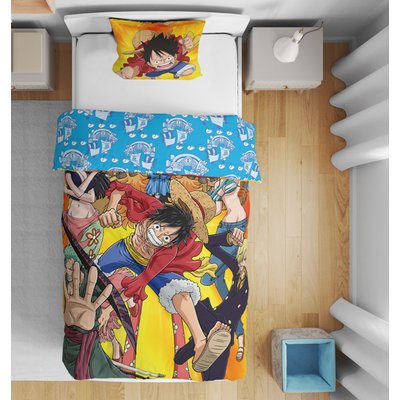 One Piece, Parure de Lit Enfant Imprimée Réversible, LUFFY ET CREW ONE PIECE