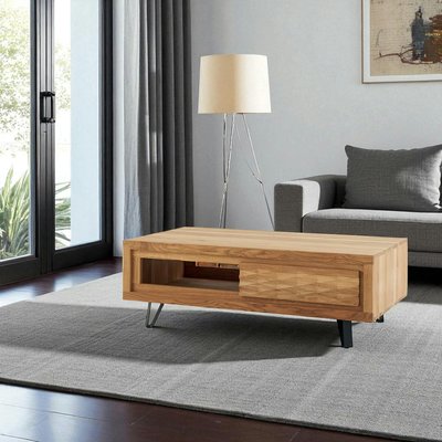 Table basse bois massif - 1 tiroir, frise décorative ROSETO PIER IMPORT