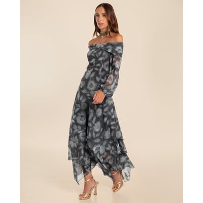Robe longue en mousseline avec encolure Bardot THE-ARE