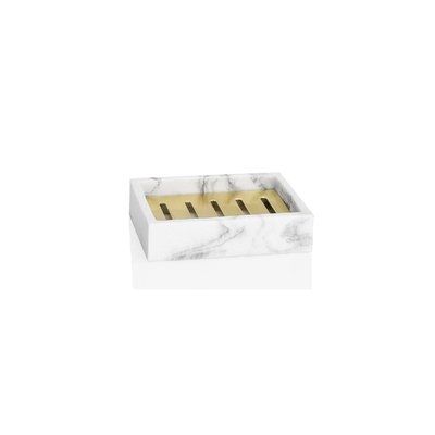 Porte Savon Rectangulaire en Résine Effet Marbre Blanc et Métal Doré WADIGA