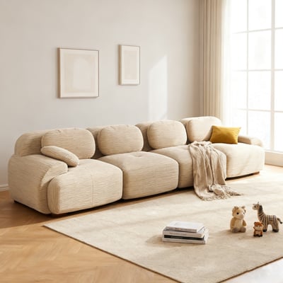 Canapé droit 4 places en velours côtelé design moderne, SNOW MEUBLES COSY