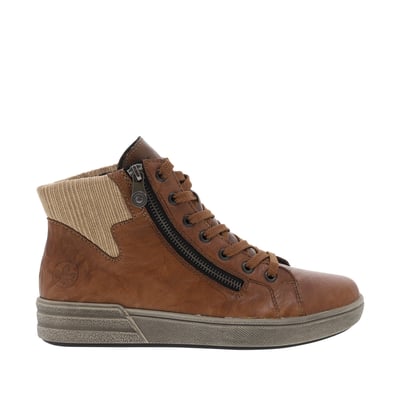 Bottines en cuir cognac à talon plat avec des lacets et un zip latéral RIEKER