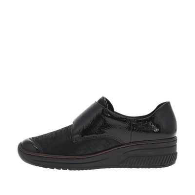 Sneakers noires vernies à talon compensé bas et à bande auto-agrippante RIEKER