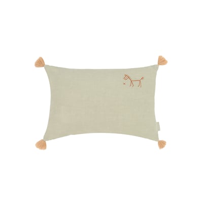 Coussin rectangulaire brodé en lin français lavé avec pompons L1N0 NOBODINOZ