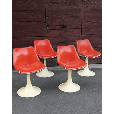 Lot de 4 chaises à piètement tulipe en skaï rouge style Space Age Alma N°1944 - Bon état DEBONGOUT