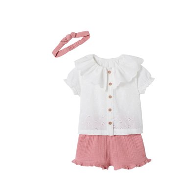 Ensemble 3 pièces blouse brodée, short en gaze de coton et son bandeau assorti VERTBAUDET
