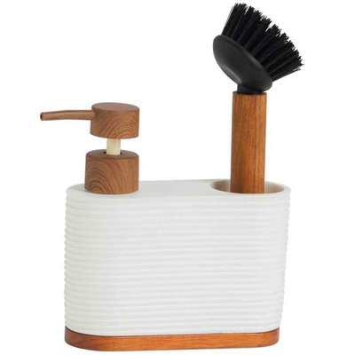 Distributeur liquide vaisselle + brosse polypropylène blanc et acacia WADIGA