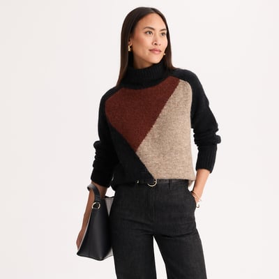 Pull col montant, color block, en laine et alpaga mélangé ANNE WEYBURN