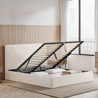 Lit Coffre Velours Beige NÉMÉSIS OLYMPE LITERIE