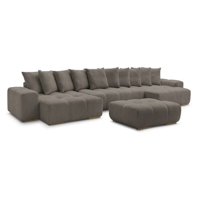 Canapé panoramique fixe 7 places en tissu bouclette avec pouf, ANAKIN BOBOCHIC