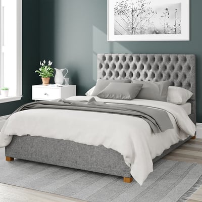 Monroe Herringbone Twill Storage Ottoman Bed with Chesterfield Upholstered Headboard ASPIRE