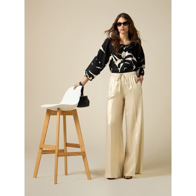 Pantalon jambe large en tissu léger de lin/viscose avec enduction en or OLTRE