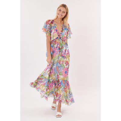 Robe longue imprimée manches courtes et volants TRISH DERHY