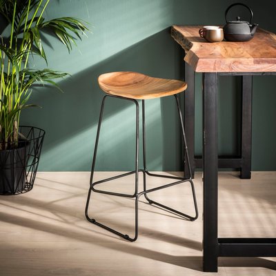 Tabouret de bar en bois massif assise acacia pied métal style industriel H73cm TRIBECA PIER IMPORT