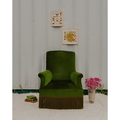 Fauteuil crapaud en velours vert Ernest N°986 - Bon état DEBONGOUT