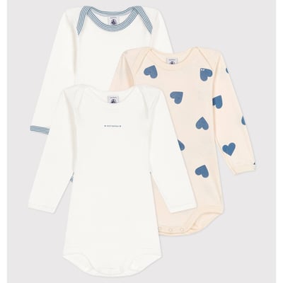 Lot De 3 Bodies Manches Longues Petit Bateau - Coton Imprimé Cœurs, Encolure Américaine, Pratique Pour Bébé