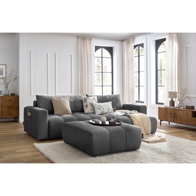 Canapé d'angle convertible 4 places en tissu chiné avec pouf, ARSENE BOBOCHIC