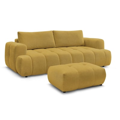 Canapé droit convertible 3 places en tissu lisse avec pouf, FUJI BOBOCHIC