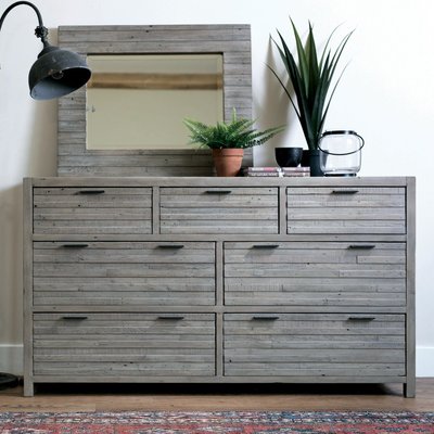 Commode 7 tiroirs en bois recyclé gris lamelles horizontales style campagne 160 cm SIENNE PIER IMPORT
