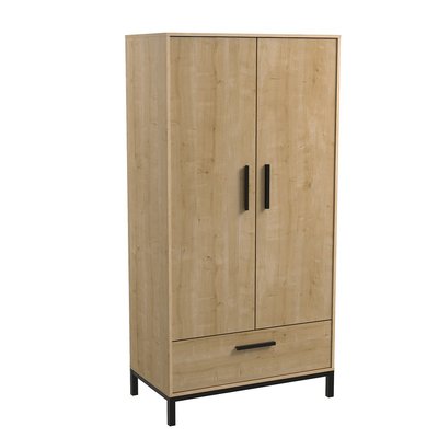 Armoire 2 portes et 1 tiroir décor chêne et noir mat H180 cm - CRAFT CALICOSY