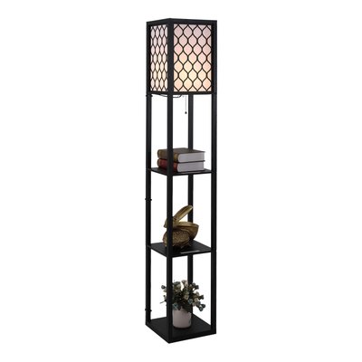 Lampadaire 3 étagères MDF noir abat-jour tissu motif nid d'abeille HOMCOM
