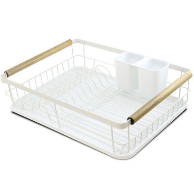 Égouttoir à vaisselle blanc et bois avec porte-couverts WADIGA